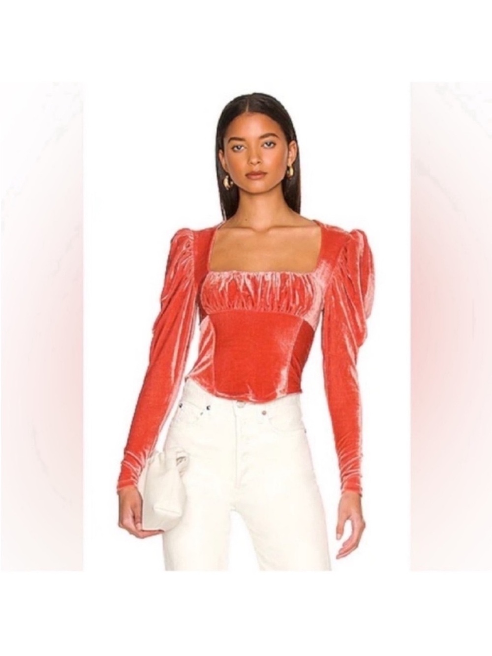 Free People X Revolve Hold Me Velvet Top Sz S Crush Blush (coral) Puff Sleeves